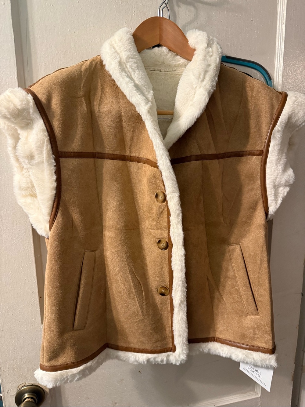 Suede Faux Shearling Vest - Camel and Cream